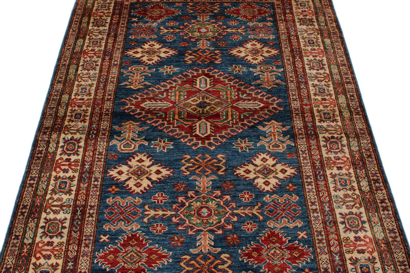 4x6 Navy and Ivory Kazak Tribal Rug