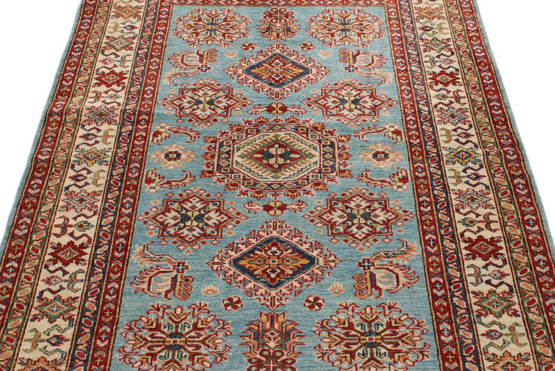 4x6 Light Blue and Ivory Kazak Tribal Rug