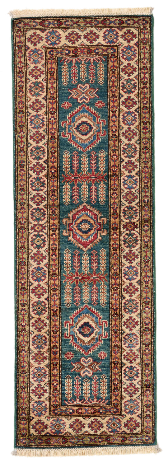 2x6 Green and Blue Kazak Tribal Runner