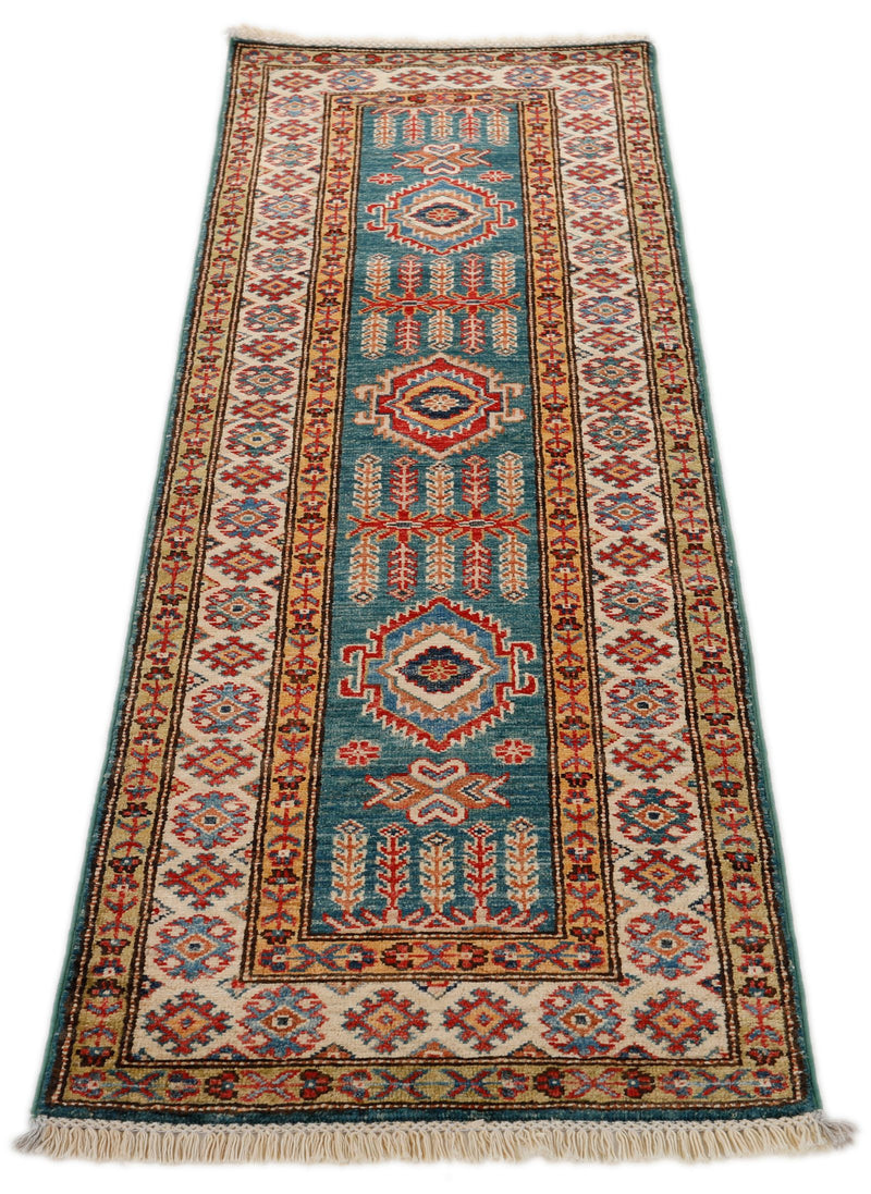 2x6 Green and Blue Kazak Tribal Runner