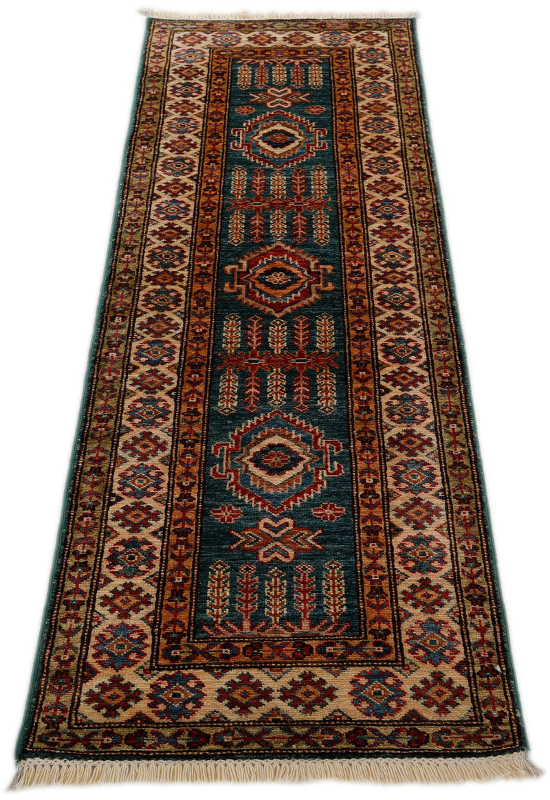 2x6 Green and Blue Kazak Tribal Runner