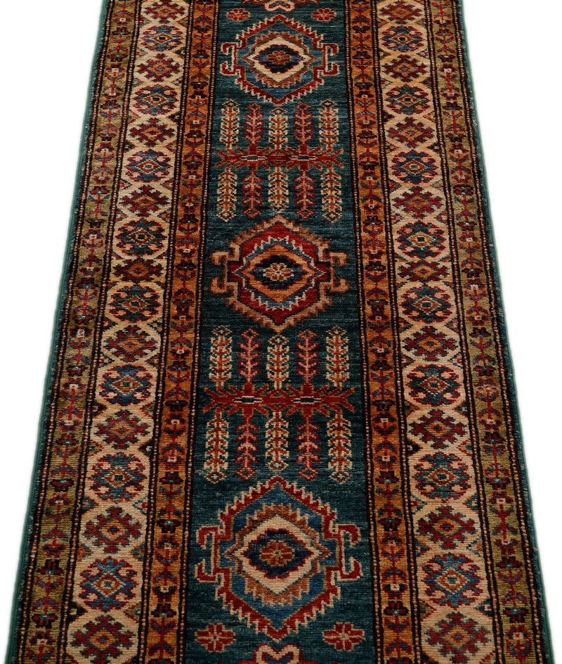 2x6 Green and Blue Kazak Tribal Runner