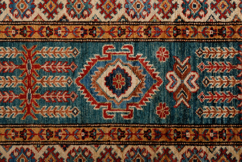 2x6 Green and Blue Kazak Tribal Runner