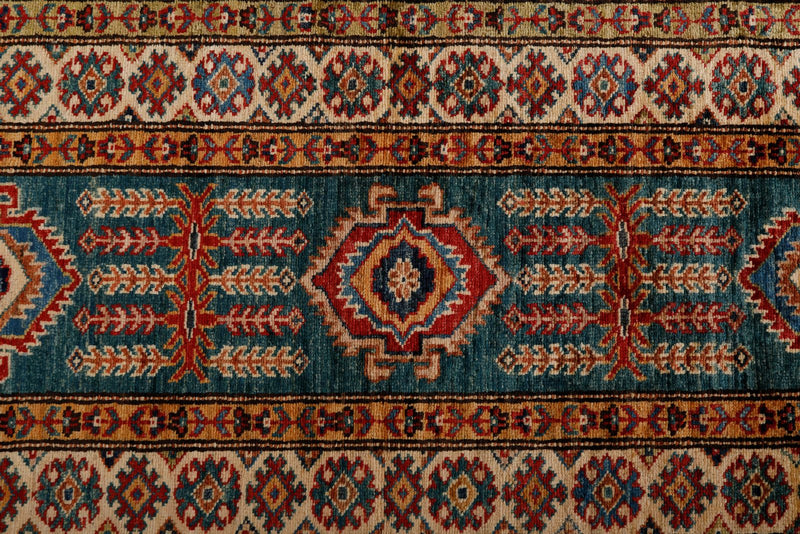 2x6 Green and Blue Kazak Tribal Runner