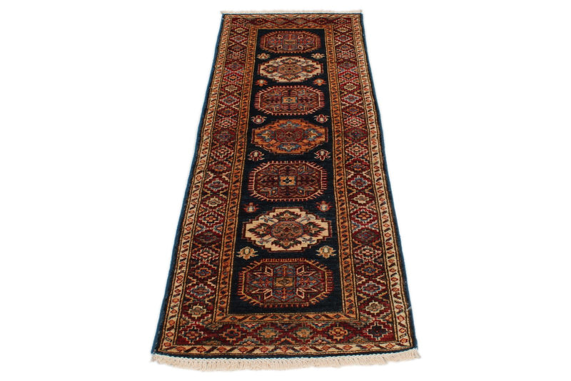 2x6 Navy and Red Kazak Tribal Runner