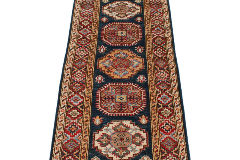 2x6 Navy and Red Kazak Tribal Runner