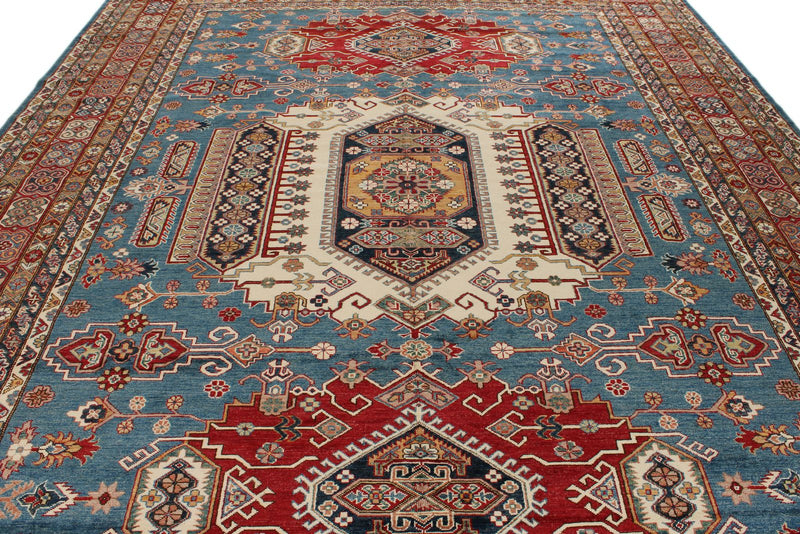 10x14 Blue and Multicolor Kazak Tribal Rug