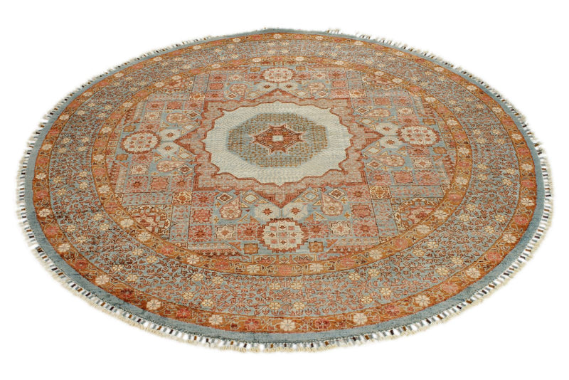 6x6 Light Blue and Camel Turkish Tribal Rug