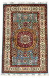 3x5 Blue and Ivory Turkish Tribal Rug