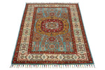 3x5 Blue and Ivory Turkish Tribal Rug