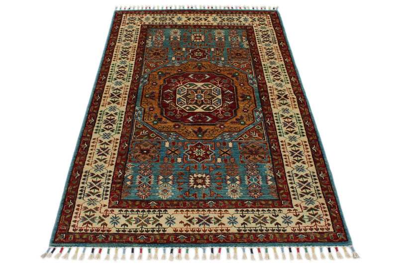 3x5 Blue and Ivory Turkish Tribal Rug