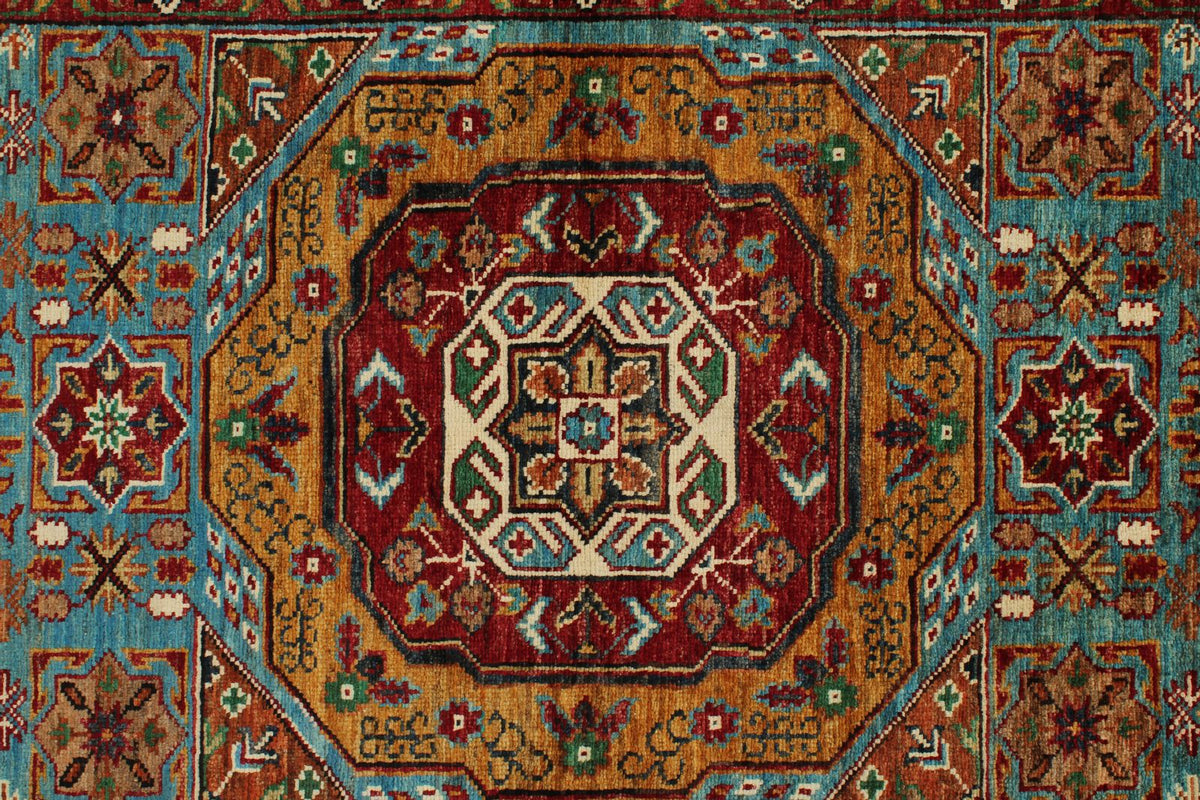 3x5 Blue and Ivory Turkish Tribal Rug
