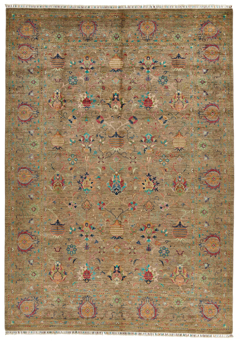 8x12 Light Brown and Multicolor Turkish Tribal Rug