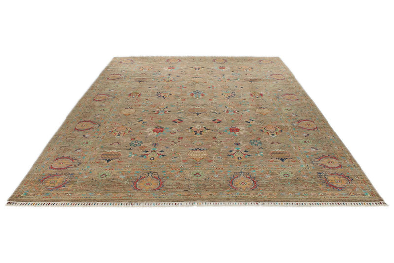 8x12 Light Brown and Multicolor Turkish Tribal Rug
