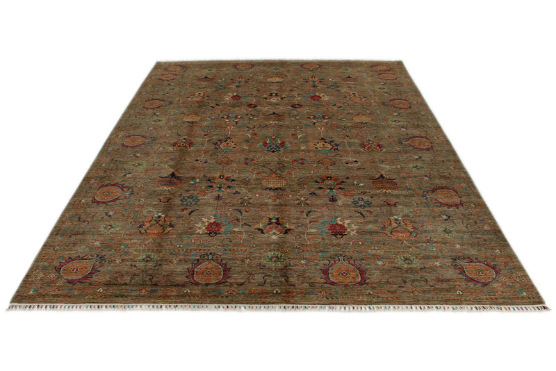 8x12 Light Brown and Multicolor Turkish Tribal Rug