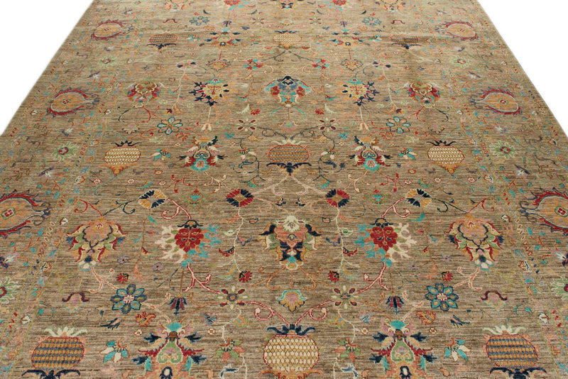 8x12 Light Brown and Multicolor Turkish Tribal Rug
