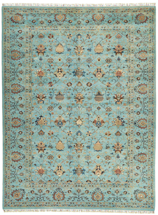 9x12 Light Blue and Multicolor Turkish Tribal Rug