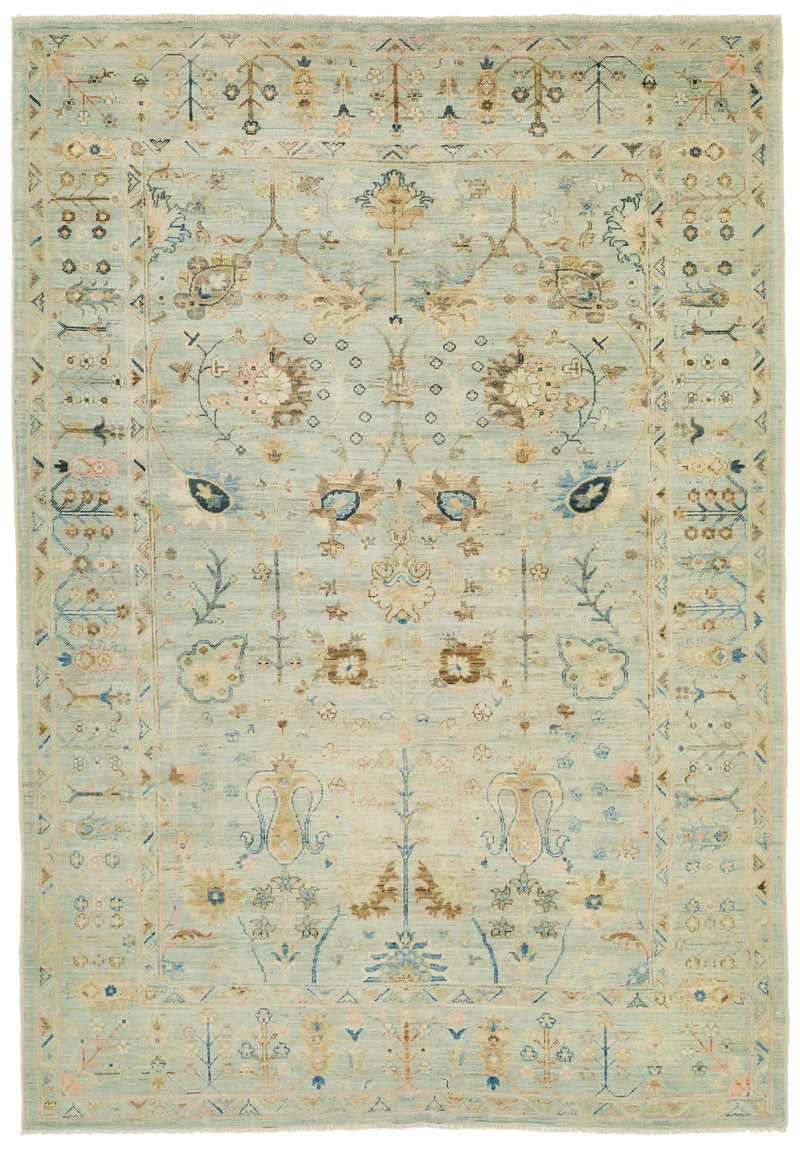 6x8 Light Blue and Beige Turkish Tribal Rug