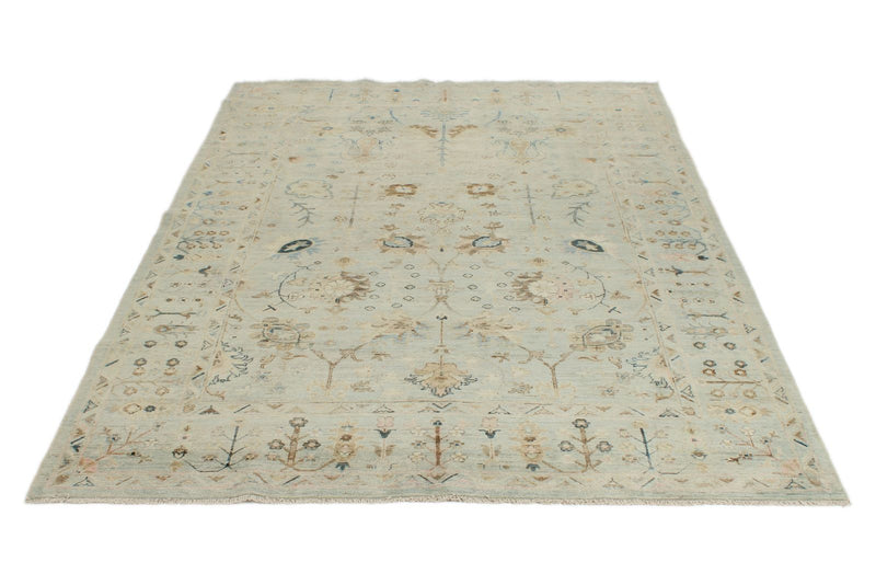 6x8 Light Blue and Beige Turkish Tribal Rug