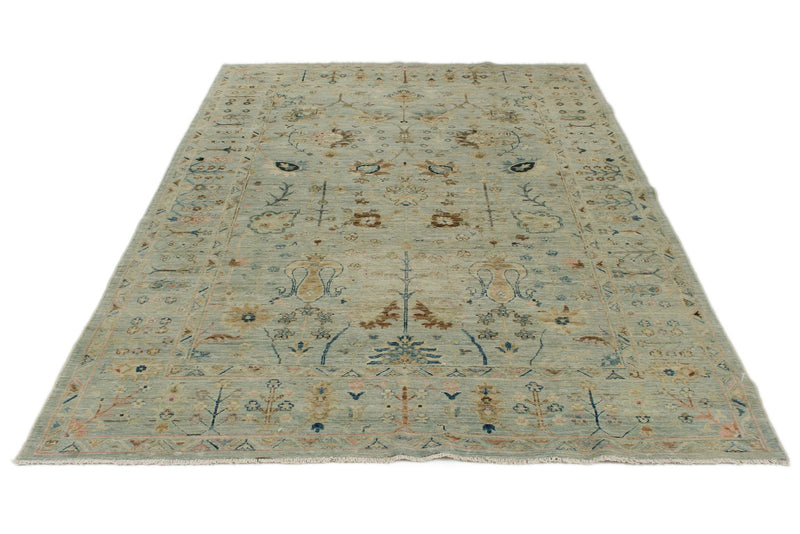 6x8 Light Blue and Beige Turkish Tribal Rug