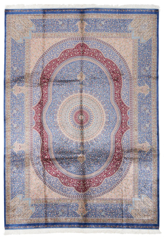 8x12 Light Blue and Multicolor Turkish Silk Rug