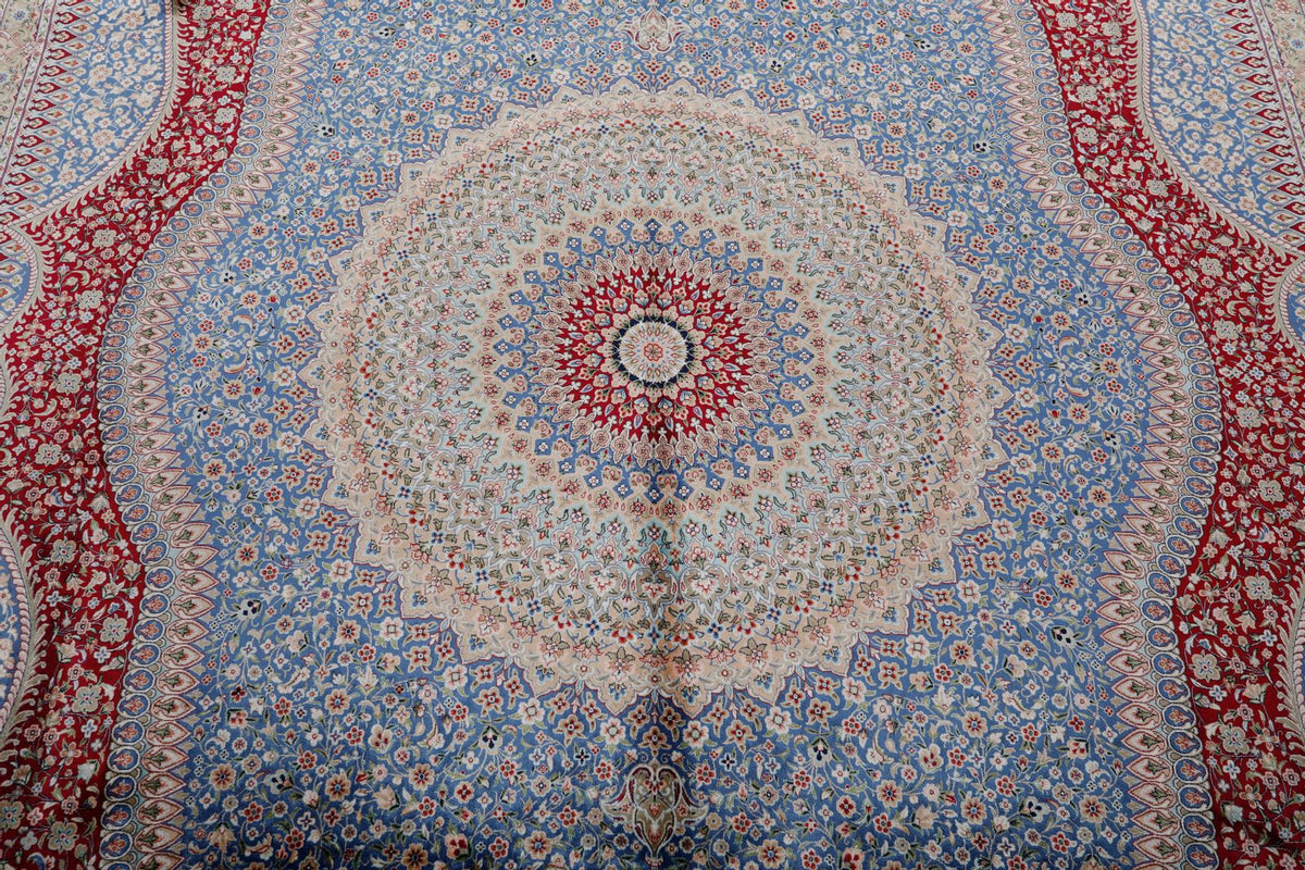 8x12 Light Blue and Multicolor Turkish Silk Rug