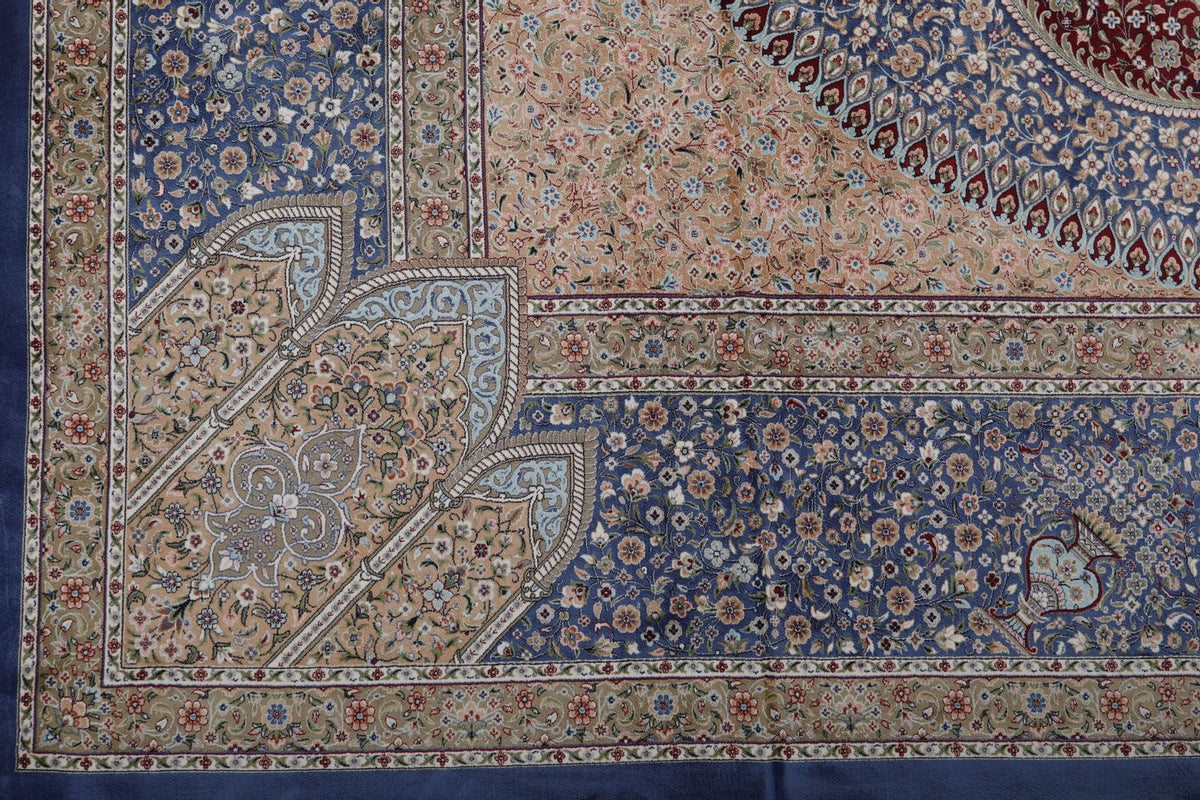 8x12 Light Blue and Multicolor Turkish Silk Rug