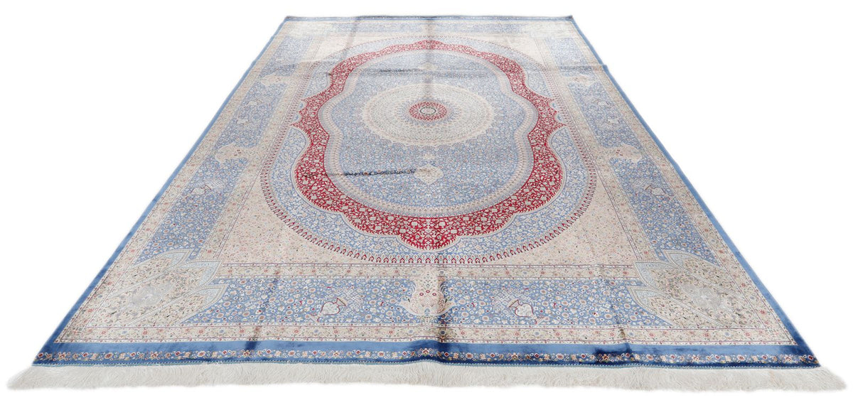 8x12 Light Blue and Multicolor Turkish Silk Rug