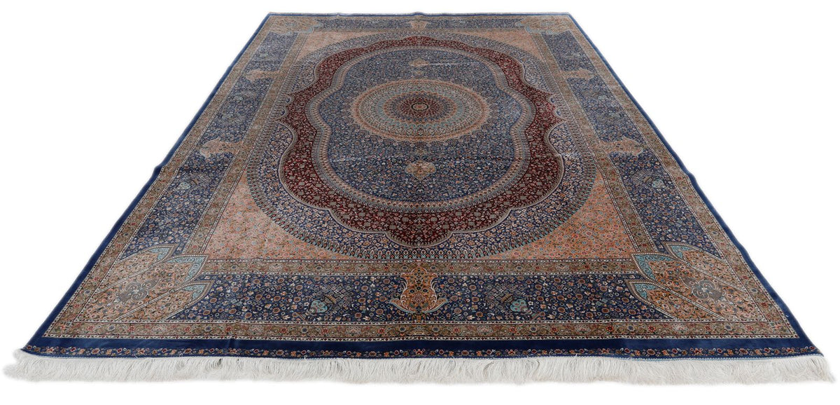 8x12 Light Blue and Multicolor Turkish Silk Rug