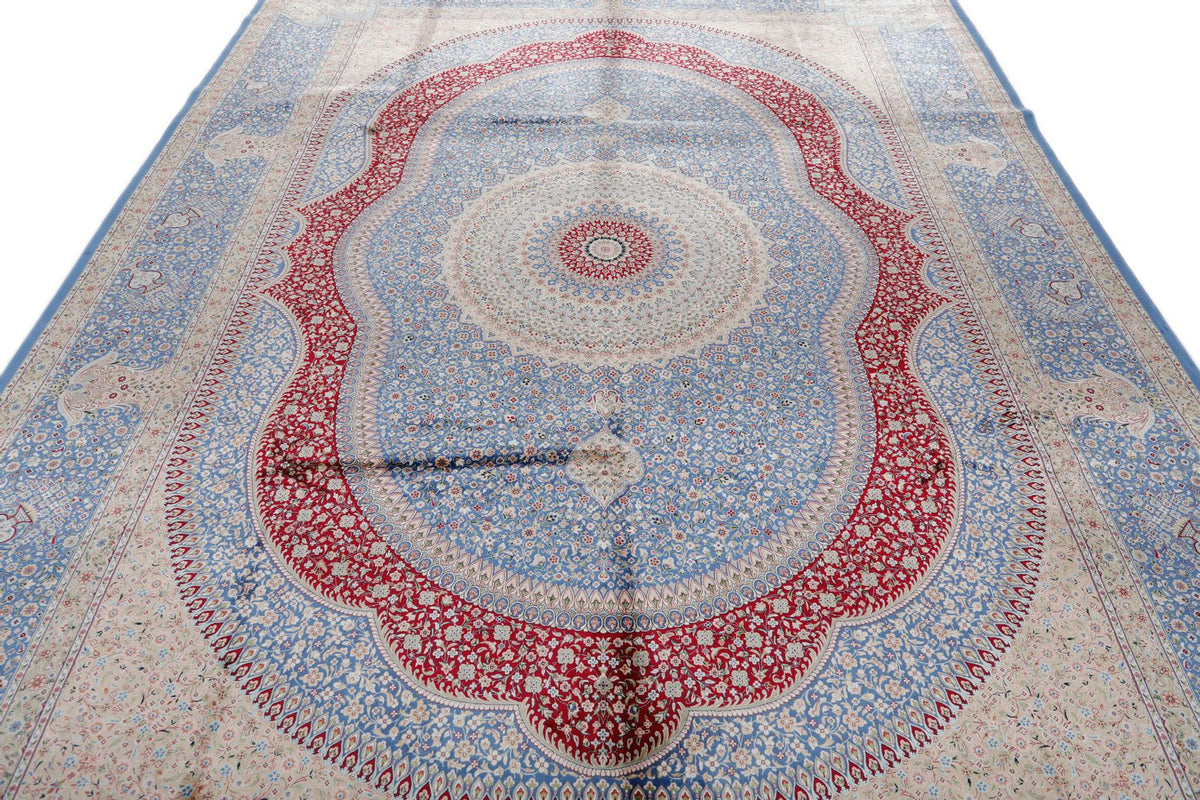 8x12 Light Blue and Multicolor Turkish Silk Rug