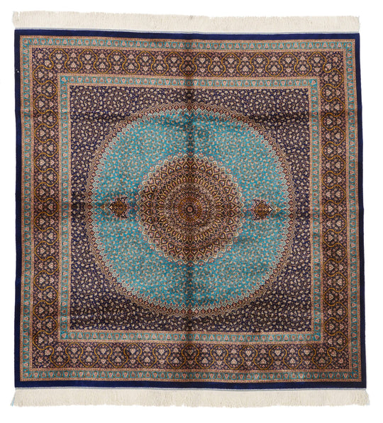 7x7 Light Blue and Navy Turkish Silk Rug