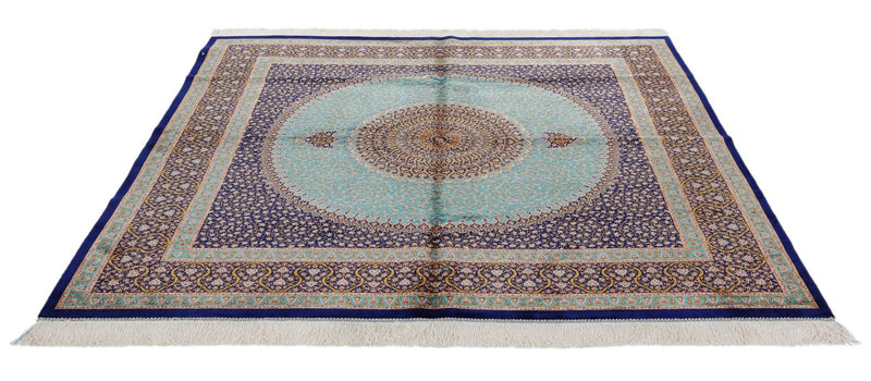 7x7 Light Blue and Navy Turkish Silk Rug