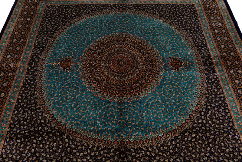 7x7 Light Blue and Navy Turkish Silk Rug