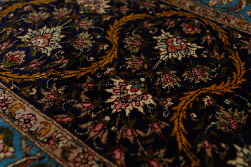 7x7 Light Blue and Navy Turkish Silk Rug
