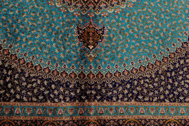 7x7 Light Blue and Navy Turkish Silk Rug
