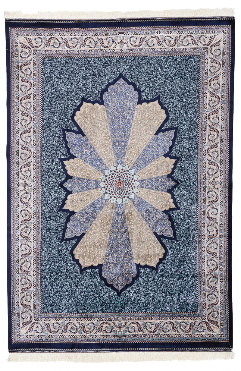 7x10 Navy and Ivory Turkish Silk Rug