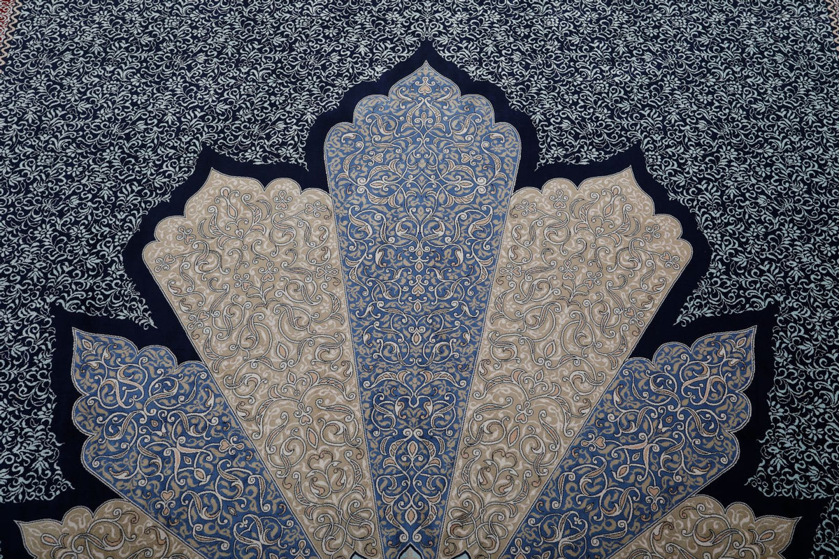 7x10 Navy and Ivory Turkish Silk Rug