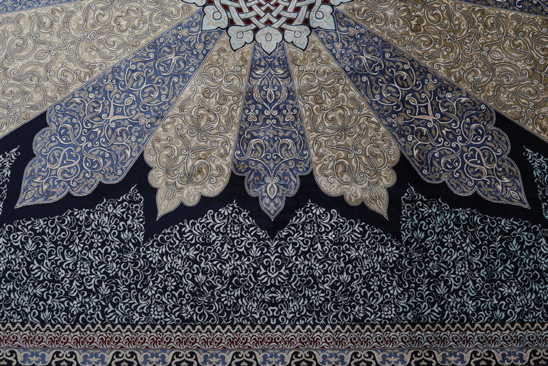 7x10 Navy and Ivory Turkish Silk Rug