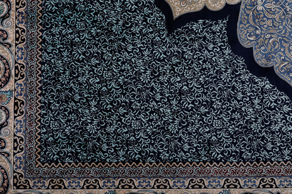 7x10 Navy and Ivory Turkish Silk Rug