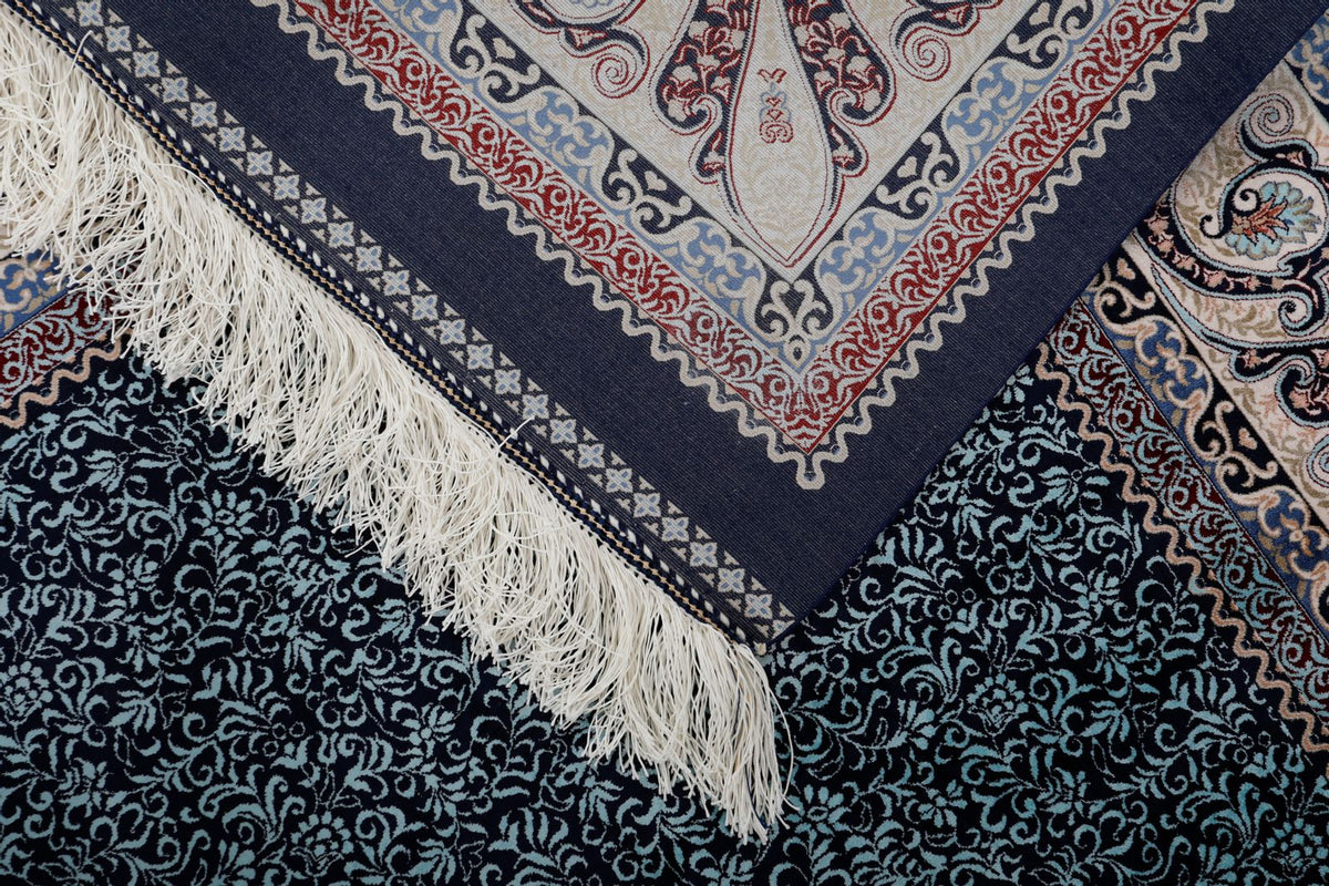 7x10 Navy and Ivory Turkish Silk Rug