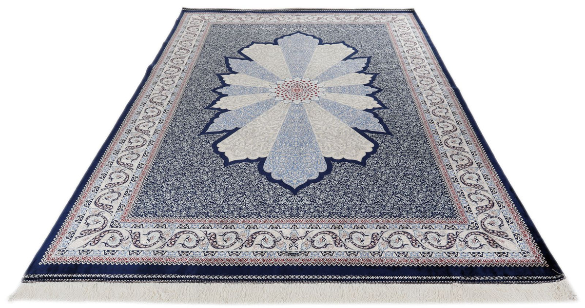 7x10 Navy and Ivory Turkish Silk Rug