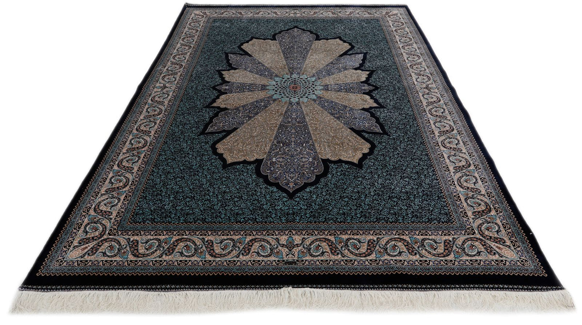 7x10 Navy and Ivory Turkish Silk Rug