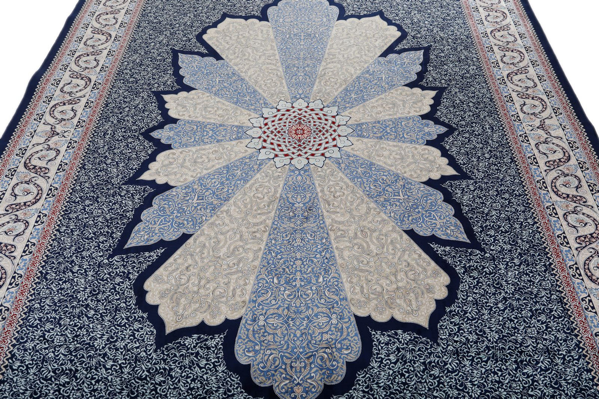 7x10 Navy and Ivory Turkish Silk Rug