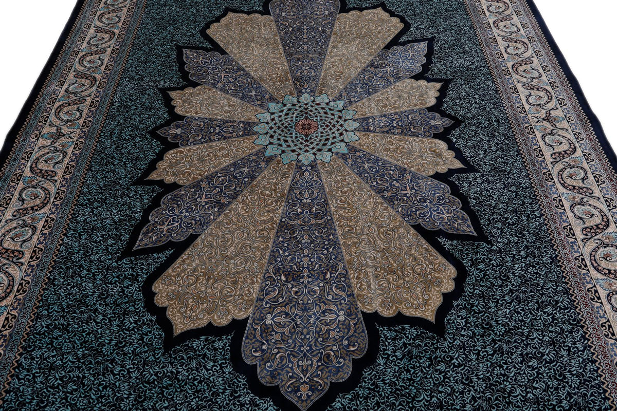 7x10 Navy and Ivory Turkish Silk Rug