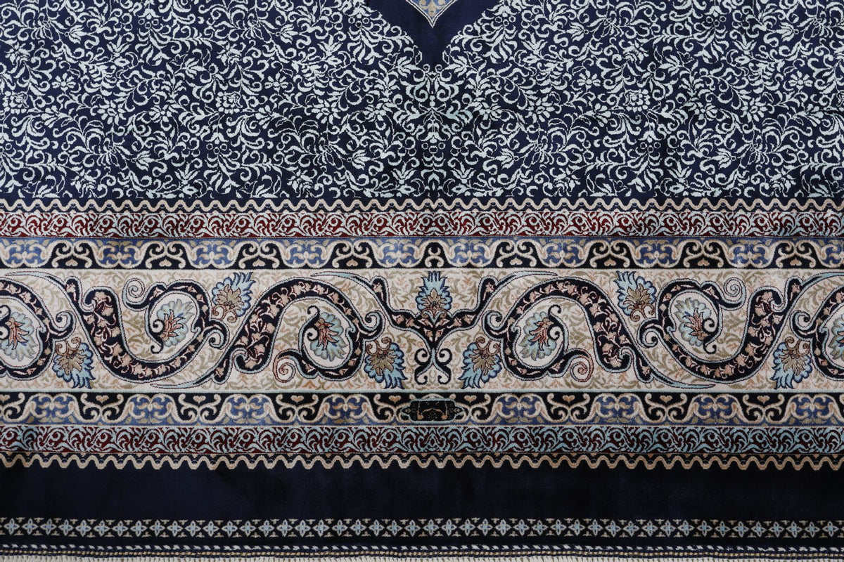 7x10 Navy and Ivory Turkish Silk Rug