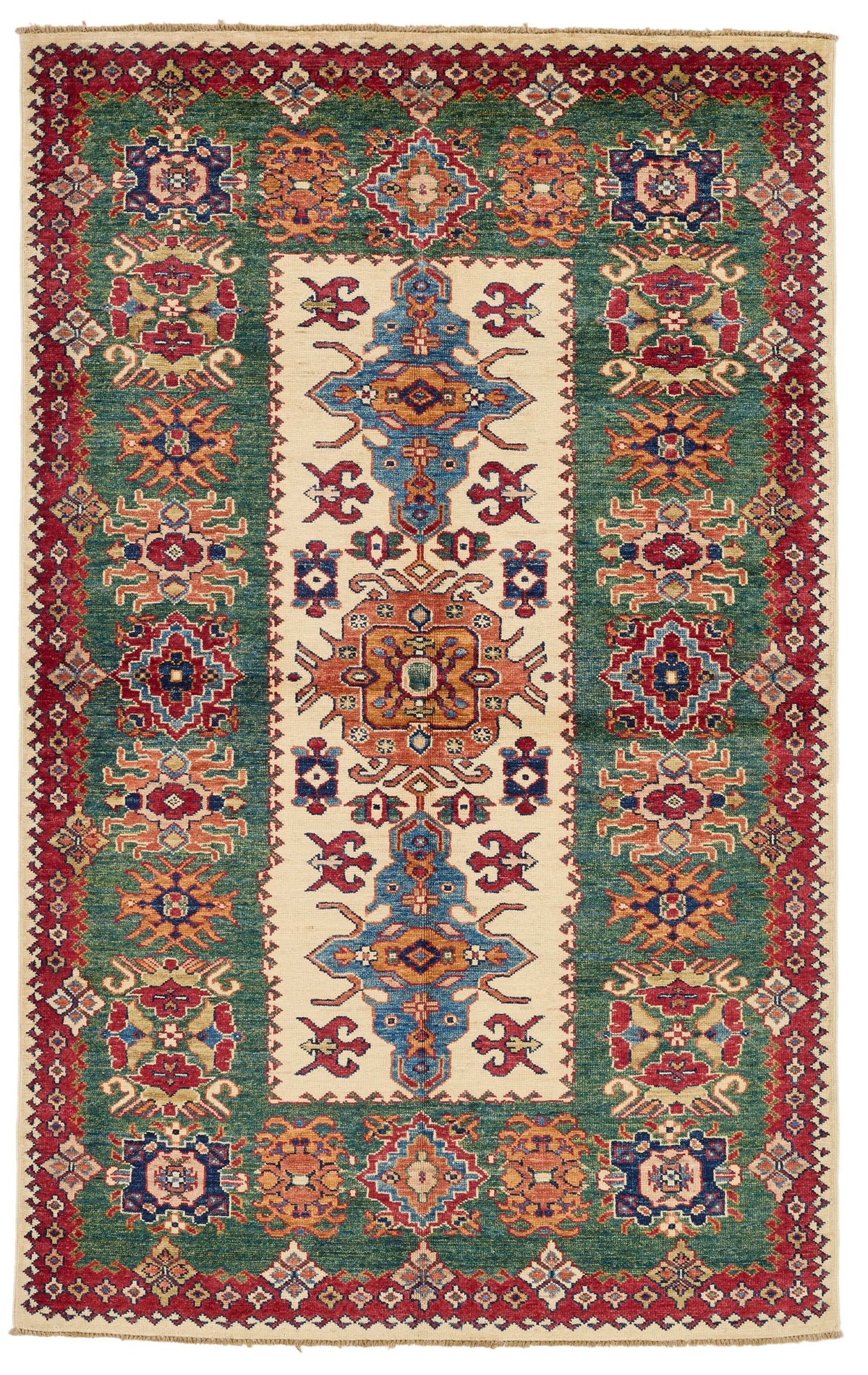 4x6 Ivory and Green Kazak Tribal Rug