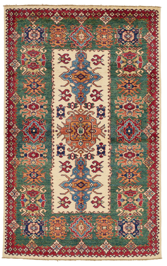 4x6 Ivory and Green Kazak Tribal Rug
