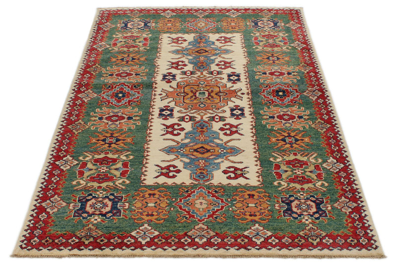 4x6 Ivory and Green Kazak Tribal Rug