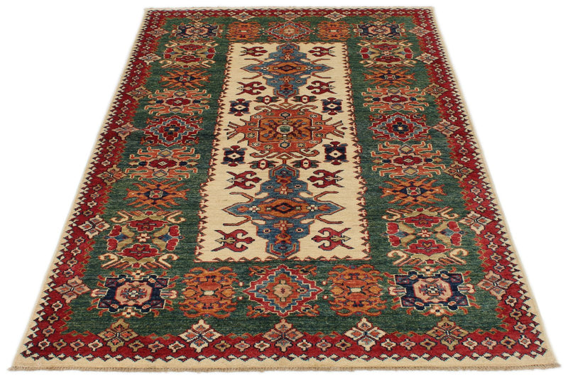 4x6 Ivory and Green Kazak Tribal Rug