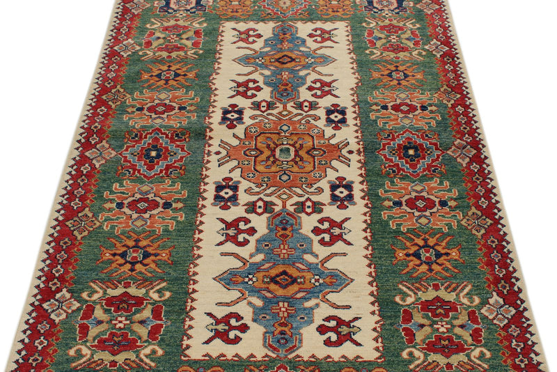 4x6 Ivory and Green Kazak Tribal Rug